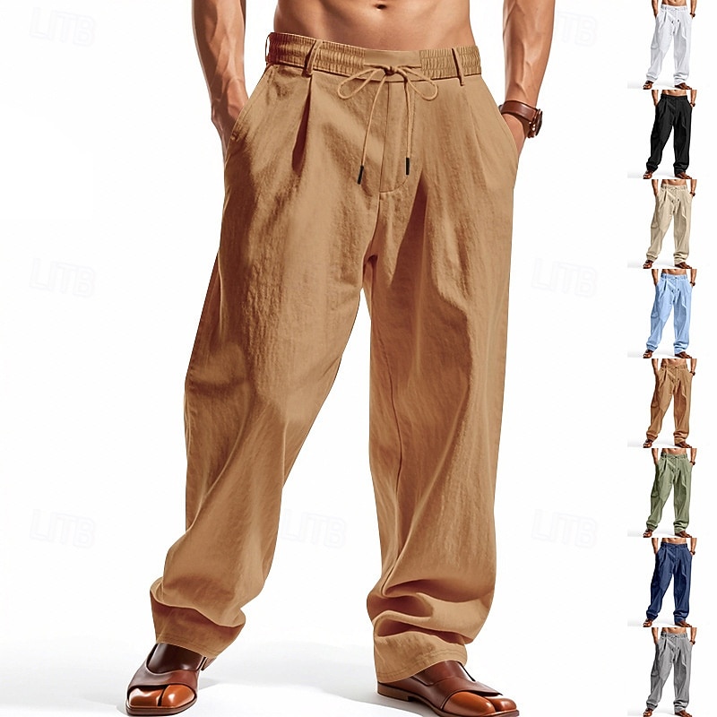 Men's Linen Pants Trousers Summer Pants Beach Pants Pocket Drawstring Elastic Waist Plain Comfort Breathable Vacation Daily Holiday Hawaiian Boho Light Khaki ArmyGreen