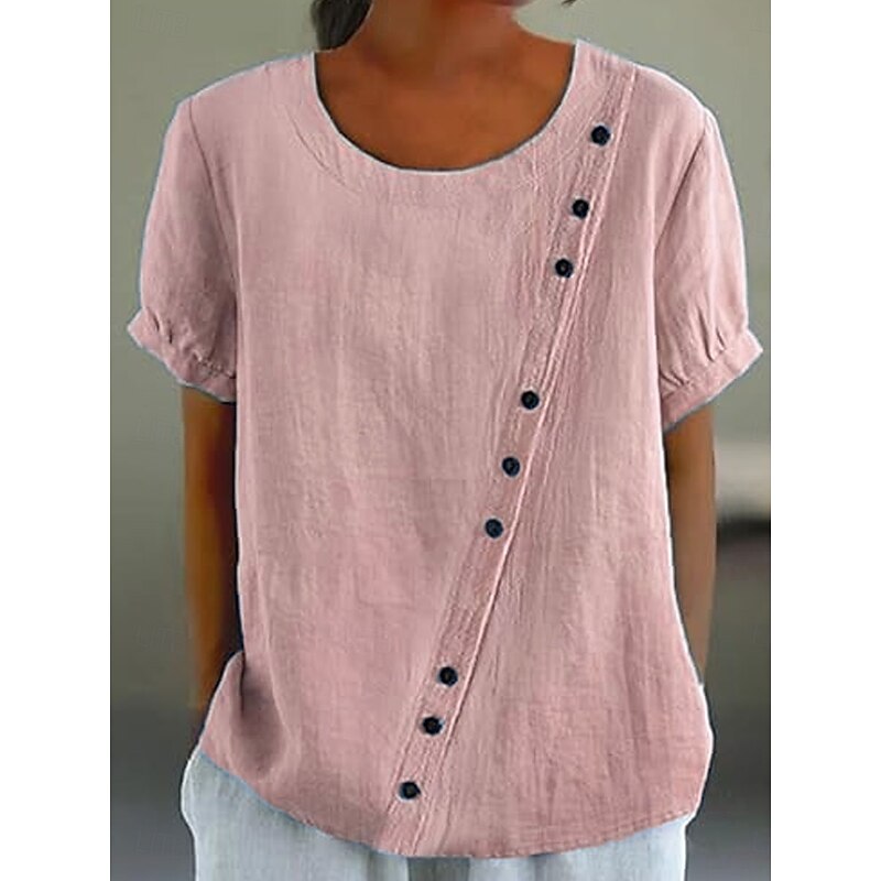 Women's Blouse Solid Color Elegant Casual Short Sleeve Crew Neck Regular Tops Daily Holiday Buttons Yellow Pink Blue Summer2