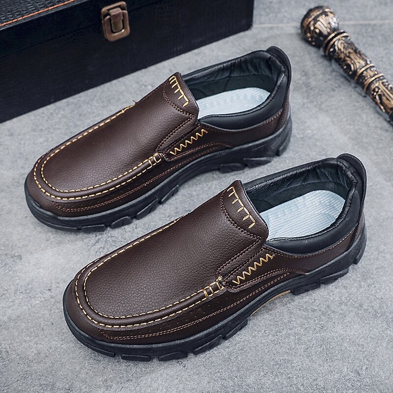 Men's Dark Brown Slip-On Leather Shoes with Rugged Sole - Durable and Fashionable Footwear for Outdoor Use3