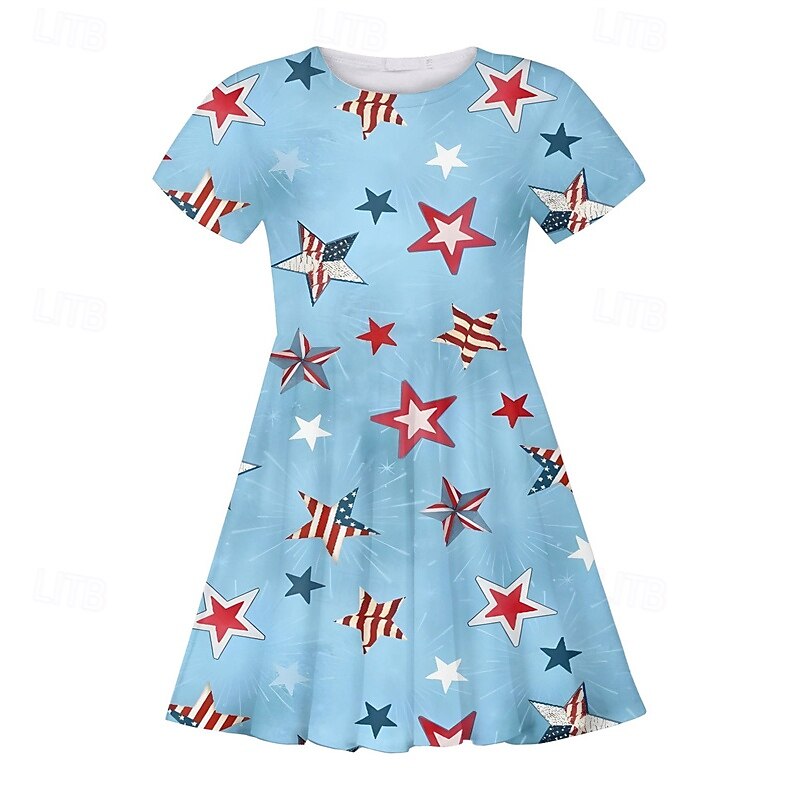 Girls' 3D Stars Dress Short Sleeve Summer Spring Vacation Daily Holiday Princess Beautiful Sweet Kids 4-12 Years Casual Dress Knee-length Regular Fit2