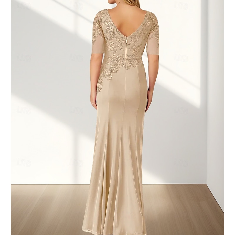 Mermaid / Trumpet Mother of the Bride Dress Wedding Guest Elegant Crew Neck Floor Length Chiffon Half Sleeve with Appliques2