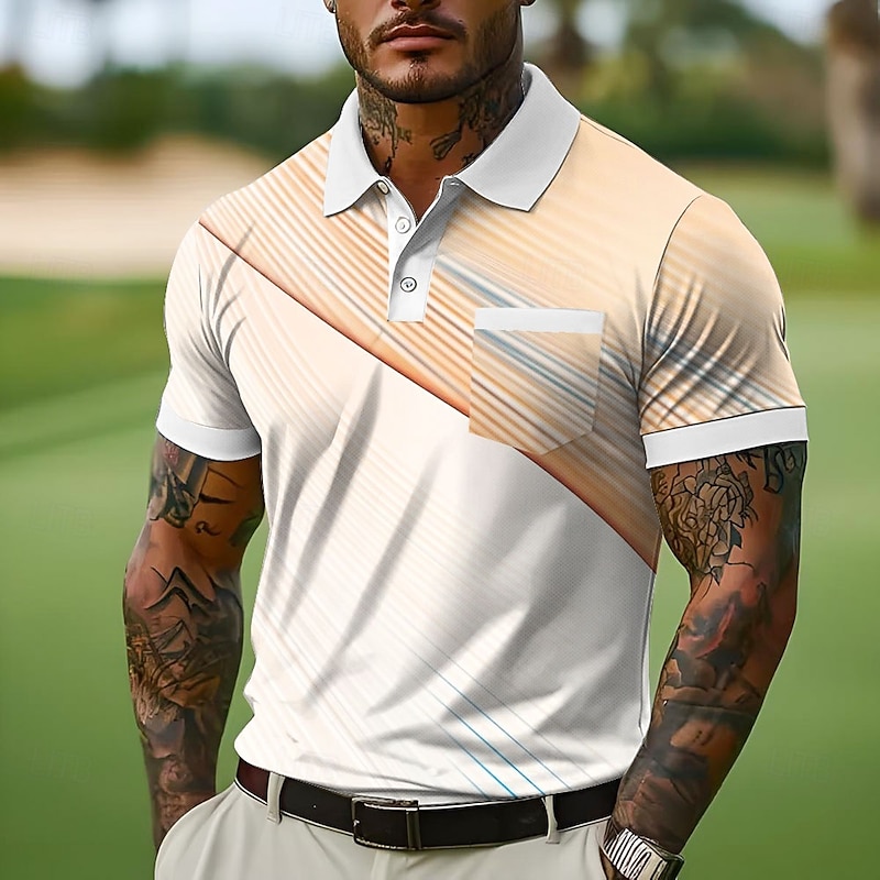 Men's Button Up Polos Business Casual Lapel Short Sleeve Office Geometic Line Buttons Pocket Summer Yellow Blue Green Gray Button Up Polos