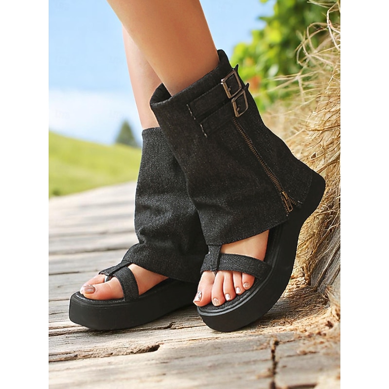 Women's Denim Gladiator Platform Sandals – Retro Buckle Detail, Open Toe, Casual Festival Style for Summer Streetwear