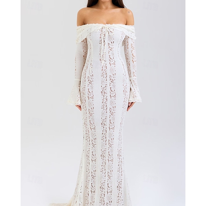 Women's Long Dress Maxi Dress Lace Dress Prom Dress Party Dress Elegant Fashion Party Special Occasion Evening Party Regular Fit Plain Long Sleeve Off Shoulder Black White Summer2
