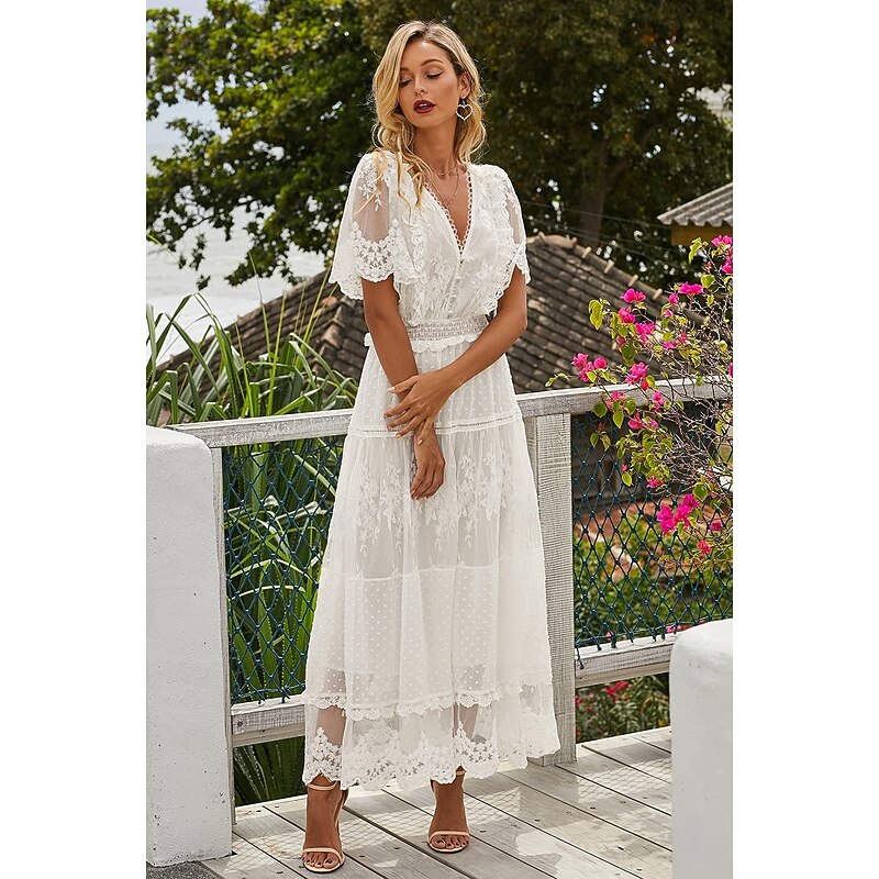 Women's Maxi long Dress White Dress Lace Dress Holiday Dress Swing Dress Elegant Romantic Boho Vacation Holiday Date Regular Fit Pure Color Short Sleeve V Neck White Summer Spring 6