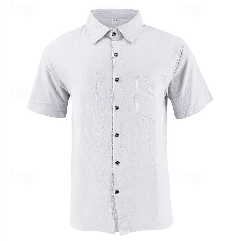 Men's Shirt Linen Shirt Casual Shirt Button Up Shirt Cotton Shirt Plain Vacation Street Black White Khaki Army Green Short Sleeve Turndown Summer Clothing Apparel Front Pocket3