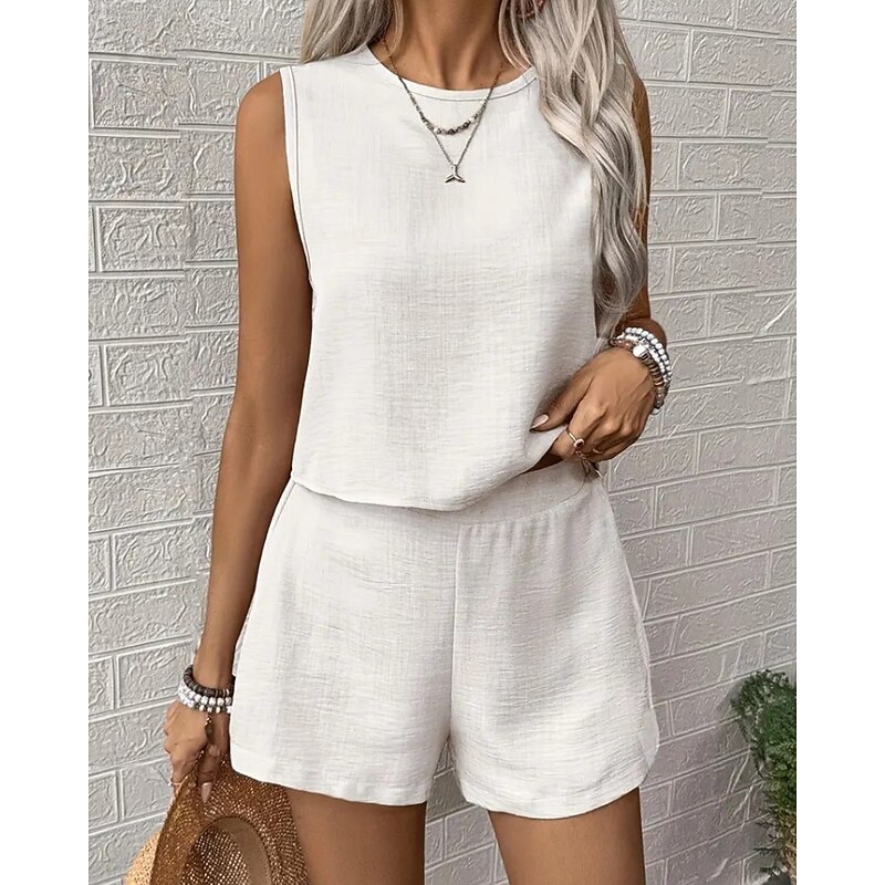 Women's Active Blouse Shorts Sets Sleeveless Crew Neck Solid Color Sequins Vacation Holiday Black White Navy Blue Summer Regular Fit2