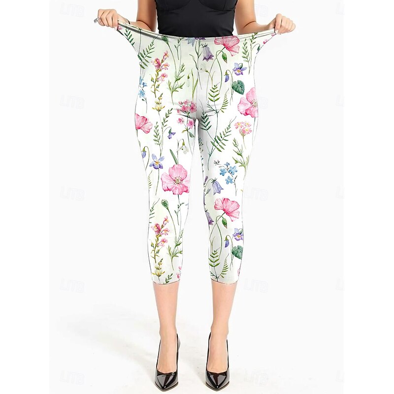 Women's Leggings Vacation Vintage Fashion Calf-Length High Waist Floral Graphic Leaf Printing Breathable Soft Stretchy Formal Outdoor Vacation Robin's Egg Blue Pink Summer Spring Slim Fit2