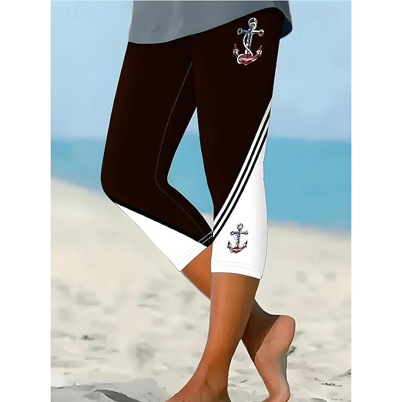 Women's Leggings Capri Pants High Elasticity Vacation Fashion coastal grandma style Full Length Mid Waist Graphic Stripe Ocean Printing Thermal Warm Breathable Soft Stretchy Outdoor Vacation Summer