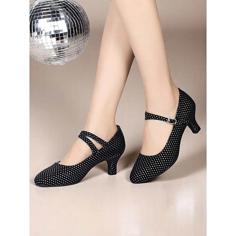 Women's Black Polka Dot Dance Shoes with Low Heel and Ankle Strap - Professional Ballroom Practice Shoes for Latin and Swing Dancers2