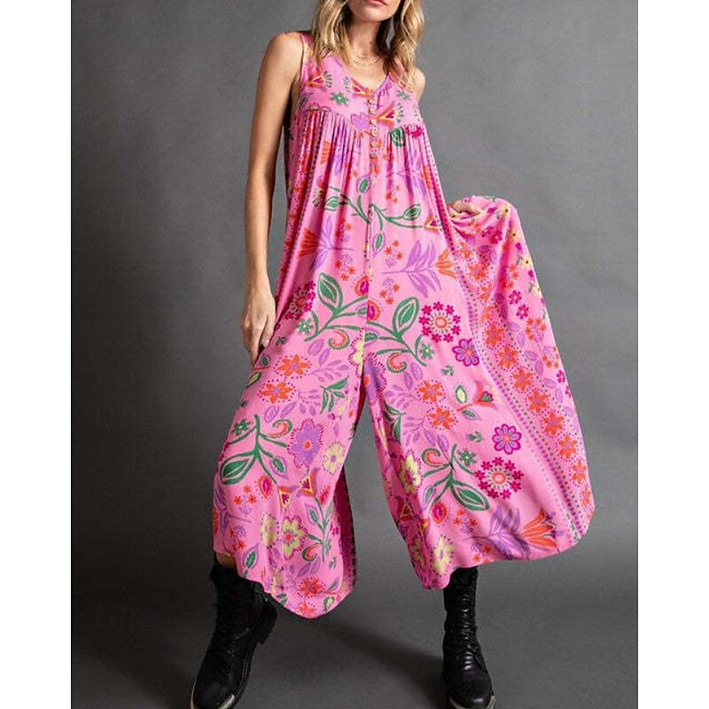 Women's Normal Jumpsuit Streetwear Floral Sleeveless V Neck Pocket Print Daily Holiday Regular Fit Pink Blue Purple Summer2