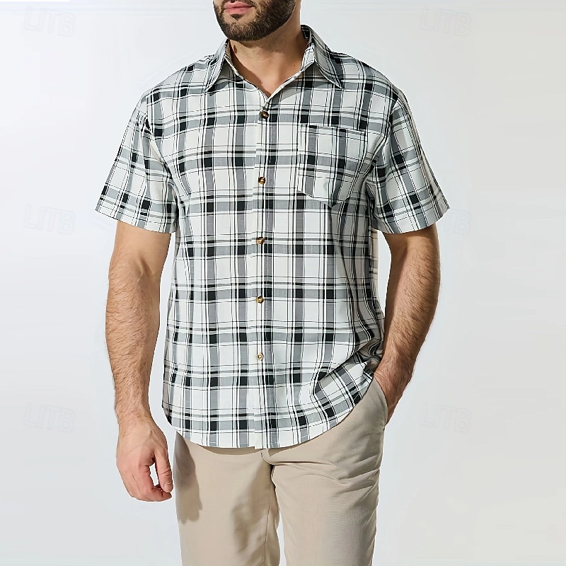 Men's Shirt Summer Shirt Casual Shirt Beach Shirt Button Up Shirt Yellow Gray Short Sleeve Plaid Lapel Vacation Hawaiian Pocket Clothing Apparel Polyester Fashion Casual Comfortable2