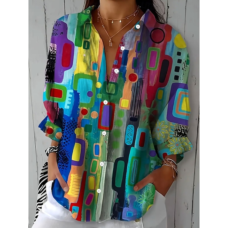 Women's Shirt Button Down Tunic Shirt Collar Long Sleeve Graphic Geometric Daily Stylish Casual Regular Tops Work Daily s Print Blue Green Spring3