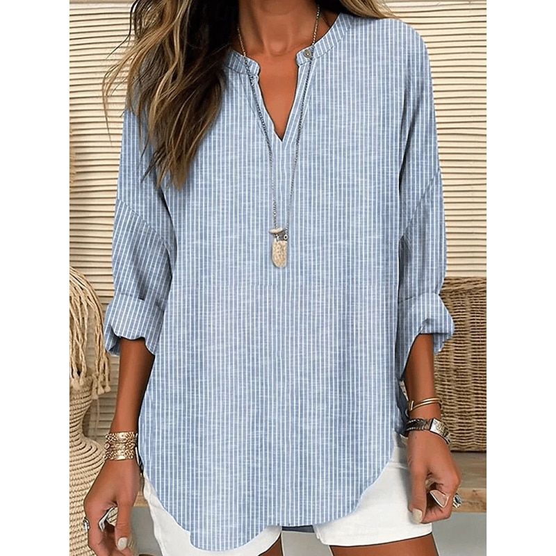 Women's Blouse Tunic V Neck Long Sleeve Boho Casual Tops Graphic Striped Elegant Stylish Regular Tops Daily Print Pink Blue Green Gray
