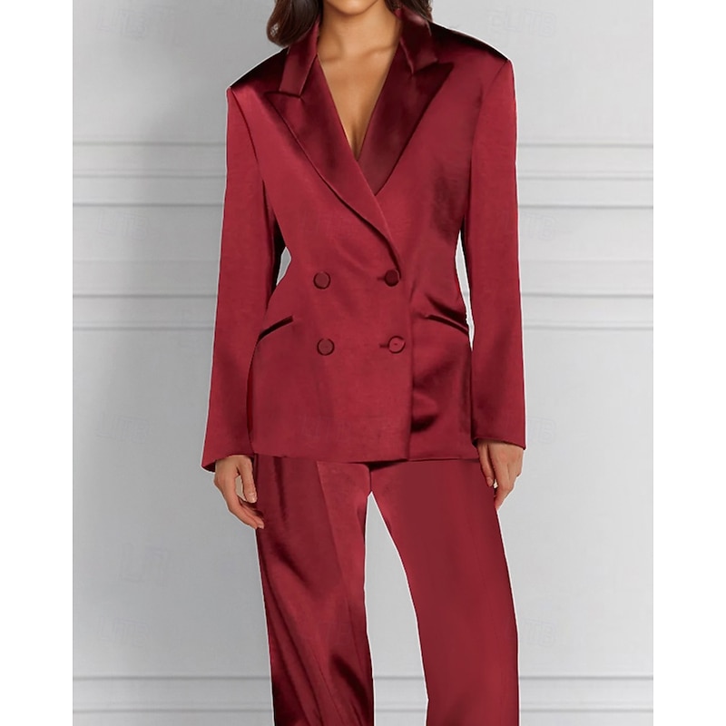 Women's 2 Pieces Suits Formal Wedding Guest Stretch Satin Elegant Vintage Simple Long Sleeve Floor Length Peak Lapel Double Breasted2