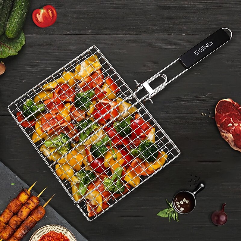 Barbecue BBQ Grill Basket with Handle Stainless Steel Grilling Basket Outdoor Camping BBQ Rack for Fish, Shrimp, Vegetables3