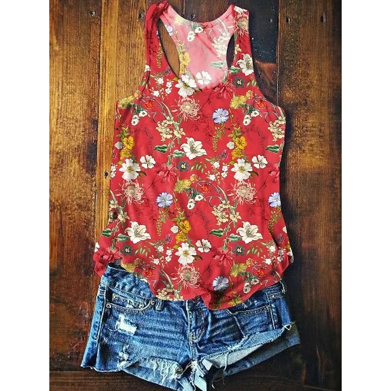 Women's Camisole Tank Top Summer Tops Floral Graphic Basic Sleeveless V Neck Regular Tops Print Red Purple Orange Green Summer Spring2