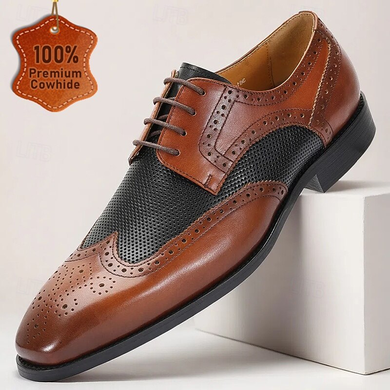 Men's Premium Brown and Black Leather Lace-Up Shoes with Mesh Detailing for Business and Formal Occasions