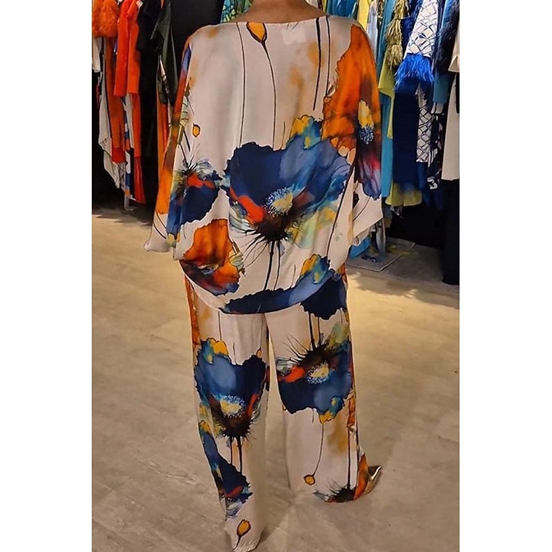 Women's 2 Pieces Vacation Streetwear Daily Pants Sets 3/4 Length Sleeve Crew Neck Floral Print Casual Daily Black Blue Orange Summer Regular Fit2