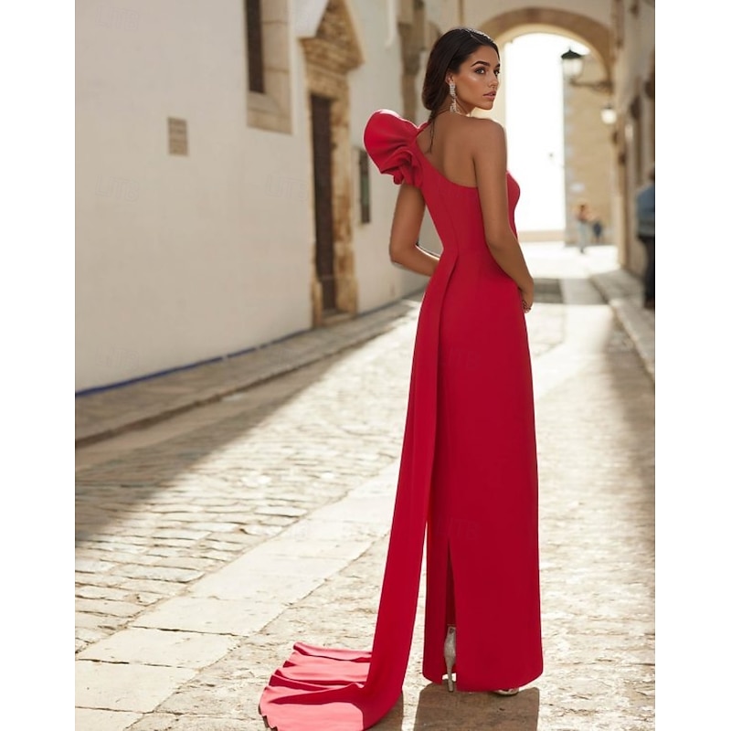 Red Black Column Evening Gown Elegant Dress Formal Wedding Guest Floor Length Sleeveless One Shoulder Detachable Stretch Crepe with Shawl2