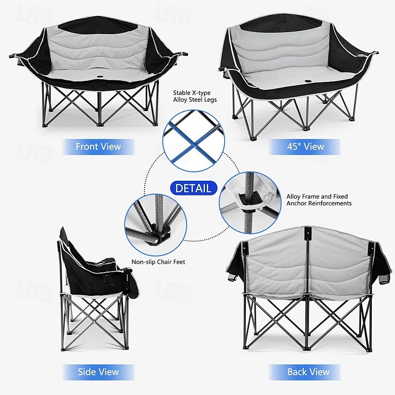 2-Person Oversized Camping Chair with 650 lb Capacity - Padded, Wine Glass Rack & Cup Holders, Lightweight Portable Foldable Design, Durable 600D Oxford Fabric & Steel Frame for Camping, Beach, Backya4