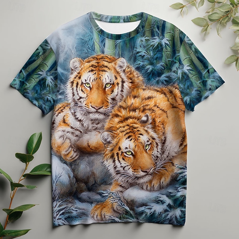 Kayomi Harai Men's 3D Animal Tiger T Shirt Short Sleeve T shirt 3D Print Crew Neck Shirt Fashion Exaggerated Daily Party Street Casual Blue Summer Spring All Seasons Clothing Apparel S M L XL