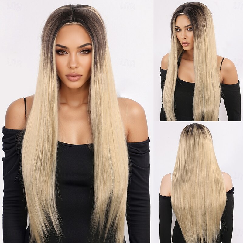 Synthetic Wig kinky Straight Yaki Straight Layered Haircut With Bangs Wig 32 inches A1 Synthetic Hair Women's Classic Comfortable