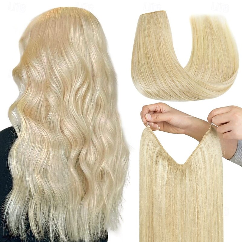 Nvisible Wire Hair Extensions Real Human Hair 20 Inch-50G  22Inch-80G  613# Blond Transparent Fish Line Clip-Ins Hair Piece Human Hair Extensions For Women
