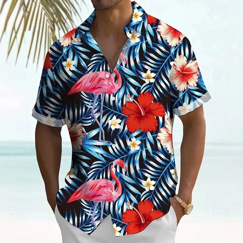 Men's Flamingo Floral Print Tropical Flowers Summer Hawaiian Shirt Button Up Shirt Aloha Shirt Short Sleeve Hawaiian Holiday Beach Wear Summer Spring Turndown 3D Print Collared Shirts Front One Pocket
