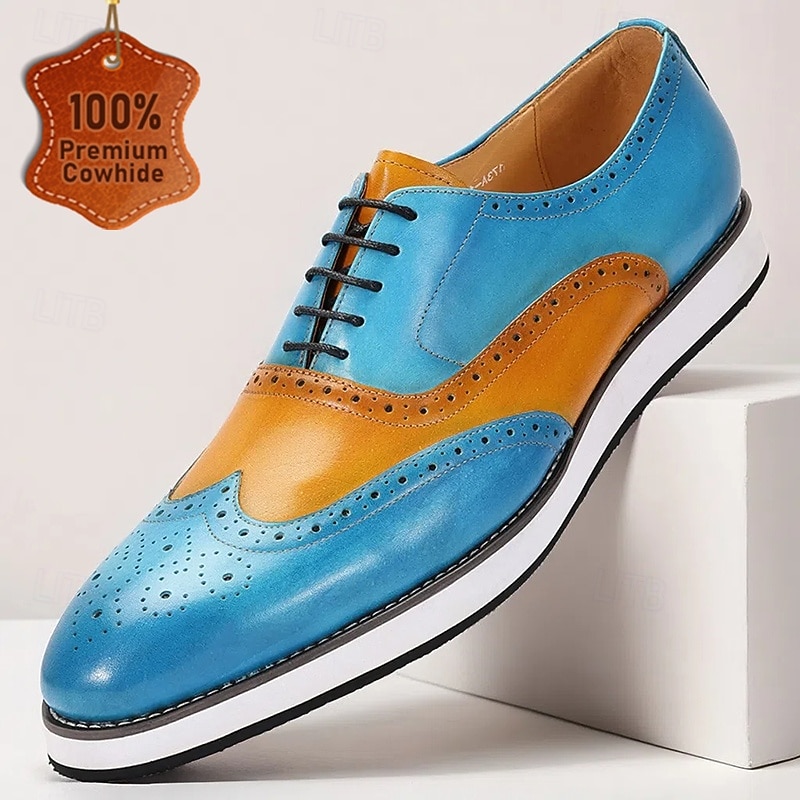 Men's Premium Blue and Tan Leather Brogue Shoes with Wingtip Design for Formal Events and Weddings