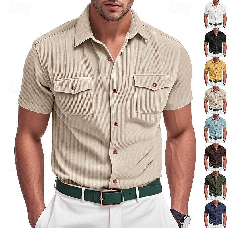 Men's Shirt Summer Shirt Casual Shirt Corduroy Shirt Button Up Shirt Cargo Shirt Black White Dark Navy Sky Blue Apricot Short Sleeve Stripes Lapel Casual Daily Front Pocket Clothing Apparel Fashion - Main Image
