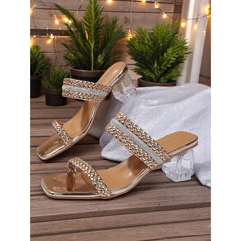 Women's Gold Braided Strap Slide Sandals with Clear Block Heels - Sparkly Open Toe Party Shoes for Nightlife and Clubwear3