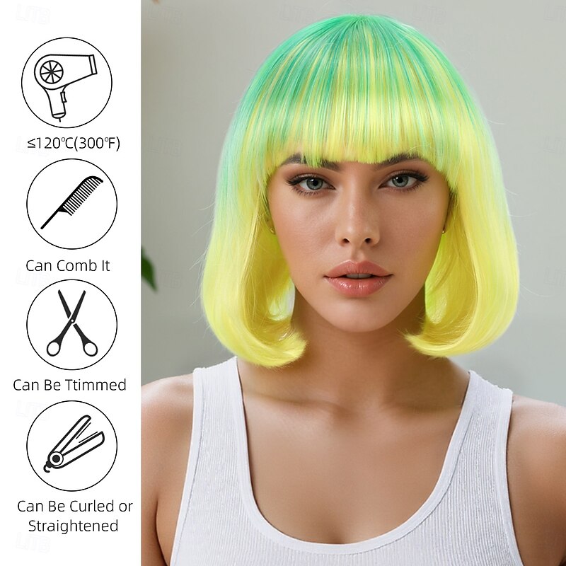 Synthetic Wig kinky Straight Natural Straight Layered Haircut Neat Bang Machine Made Wig 12 inch A1 Synthetic Hair Women's Classic Comfortable Color Gradient Multi-color2