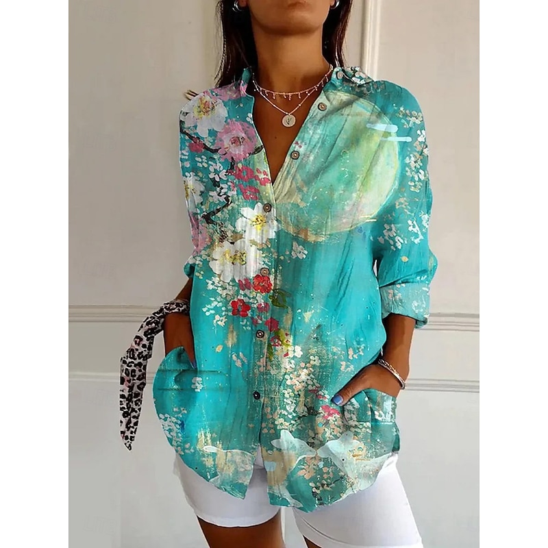 Women's Shirt Button Down Tunic Shirt Collar Long Sleeve Ombre Floral Graphic Vintage Tropical Hawaiian Regular Tops Work Daily s Print Blue Orange Brown Green Spring Fall3