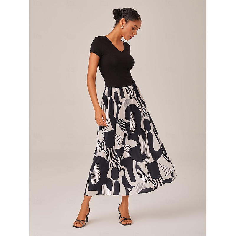 Women's Black and White Maxi Dress Knitted Patchwork Woven Geometric Abstract Print Elegant A Line Flowy Skirt Elastic Waist Casual Daily Wear