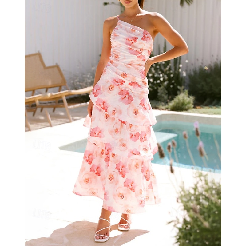 Women's Long Dress Maxi Dress Floral Dress Print Dress Fashion Modern Outdoor Vacation Holiday Regular Fit Flower Sleeveless One Shoulder Pink Blue Light Purple Light Blue Summer