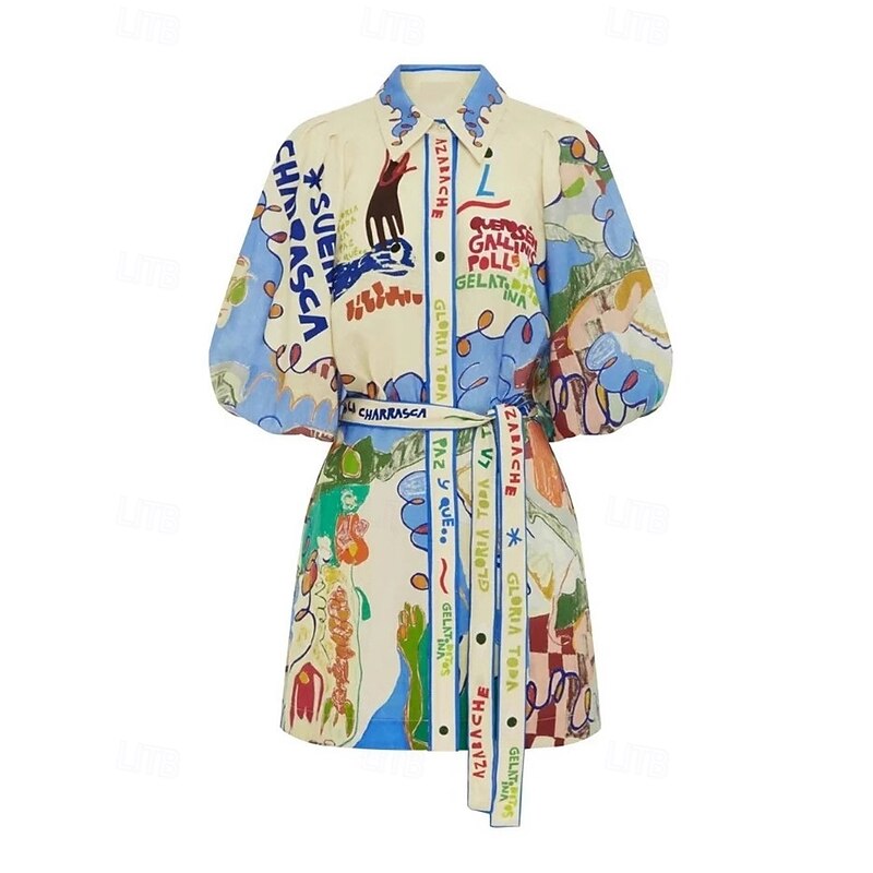 Women's Mini Dress Cotton Linen Dresses Casual Dress Fashion Outdoor Party Holiday Regular Fit Painting 3/4 Length Sleeve Shirt Collar Blue Summer4