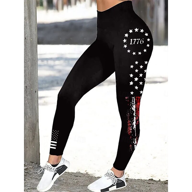 Women's Leggings Vacation Vintage Fashion Ankle-Length High WaistPantsAmerican Independence Day Graphic Flag Printing Thermal Warm Soft Breathable Stretchy Outdoor Daily Wine Black Blue ash-colored