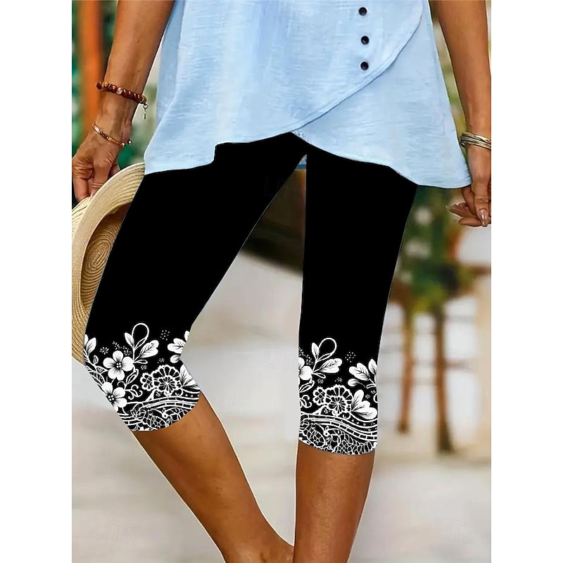 Women's Leggings Capri Pants High Elasticity Elegant Vacation Vintage Calf-Length Mid Waist Floral Graphic Printing Breathable Soft Stretchy Vacation Casual Daily Black Summer Spring Regular Fit