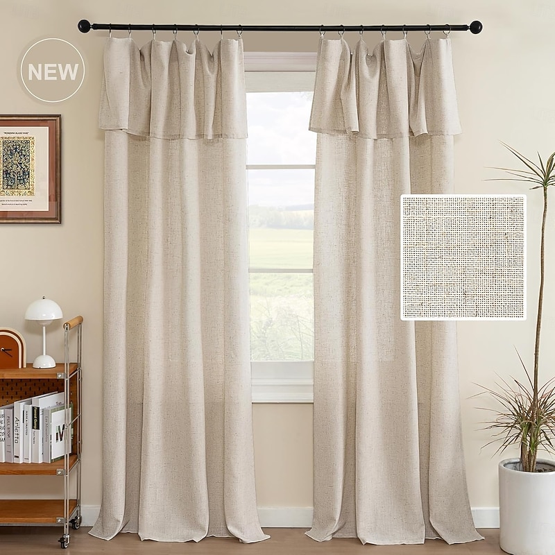 Faux Linen Curtains with Valance Farmhouse Privacy Window Curtain for Living Room Bedroom Ring/Rod Pocket Light Filtering Curtain Drapes 1 Panel