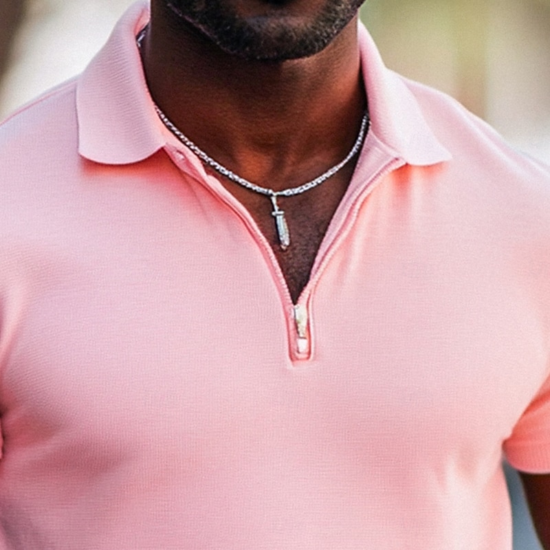 Men's Quarter Zip Polo Street Casual Half Zip Short Sleeve Fashion Solid Color Zipper Summer White Pink Navy Blue Green Quarter Zip Polo2