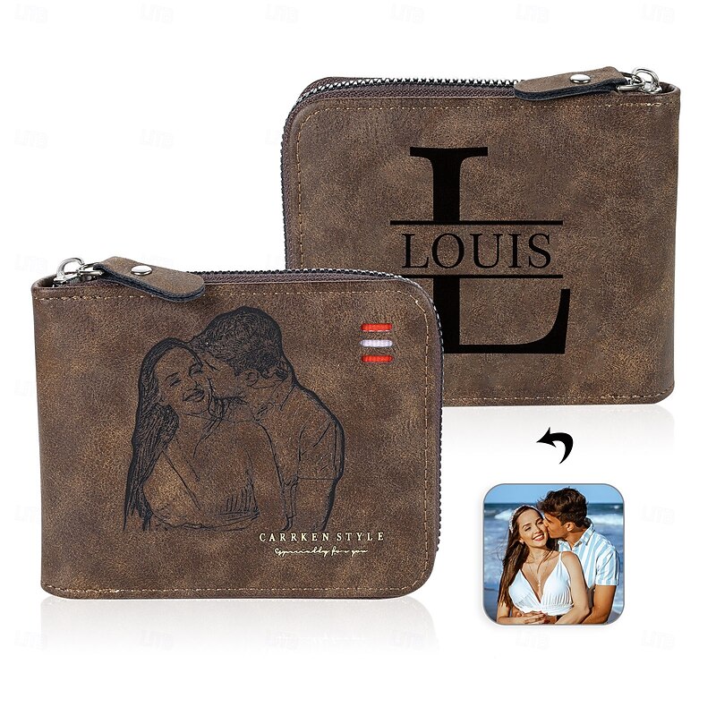 Personalized Photo Engraved Leather Wallet Custom Best Gift for Dad, Custom Name and Initial Engraved on Back, Perfect Valentine's Day, Father's Day, Anniversary, Birthday Gift