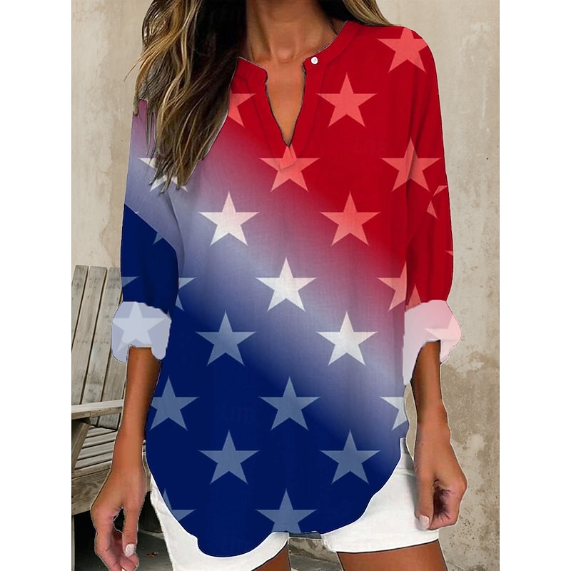 Women's Blouse Tunic V Neck Long Sleeve Boho Casual Patriotic Graphic Flag Vintage Tropical Regular Tops Daily Wear Print Black Red Blue3