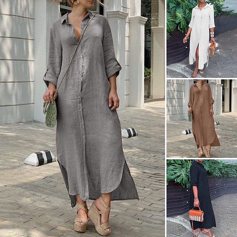 Women's Midi Dress Shirt Dress Cotton Linen Dress Classic Modern Outdoor Going out Weekend Regular Fit Plain Long Sleeve Shirt Collar White Navy Blue Brown Gray Summer