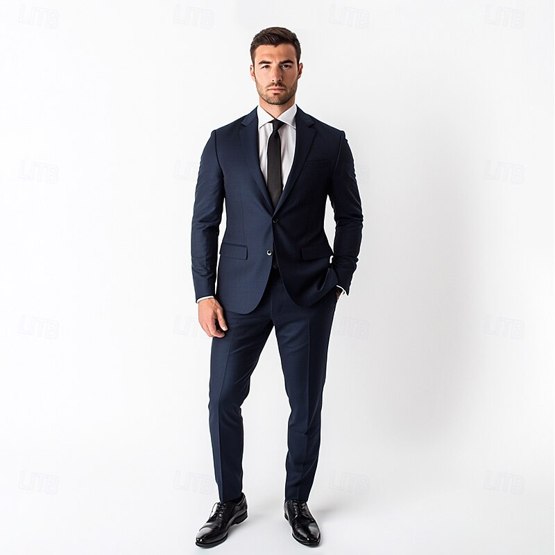 Men's Wedding Business Suits Notch Lapel Navy Blue Formal WorkWear Solid Colored Standard Fit 2 Piece Single Breasted Two-buttons3
