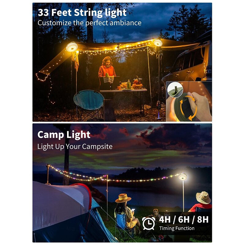 1 Pc10m/33ft Outdoor Solar Waterproof Camping Light String Lights For Convenient Storage for Halloween, Color Light Warm Light Infinite Dimming Tent Canopy Decoration Lighting Remote Control4