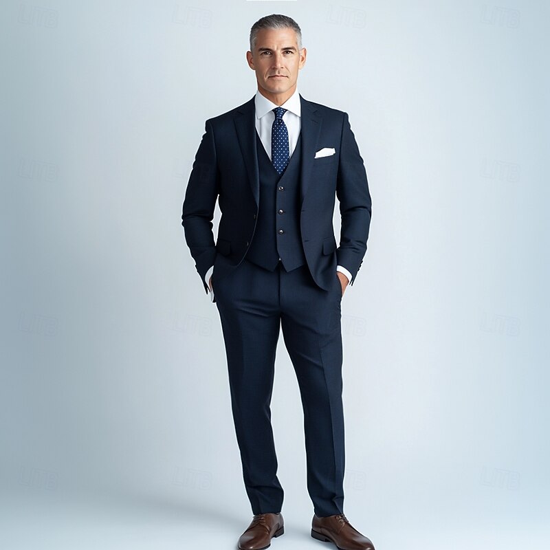 Men's Business Suits Notch Lapel Navy Blue Fashion Formal Solid Colored Slim Fit 3 Piece Single Breasted Two-buttons3