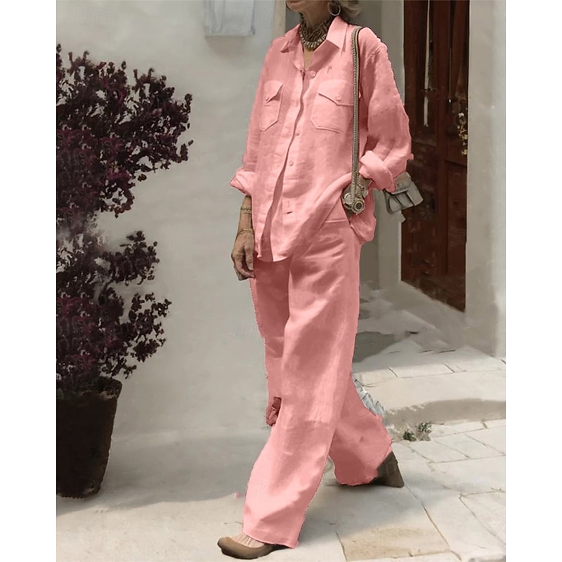 Women's Fashion Streetwear Pants Sets Long Sleeve Shirt Collar Plain Daily Wear Date White Pink Army Green Summer Regular Fit