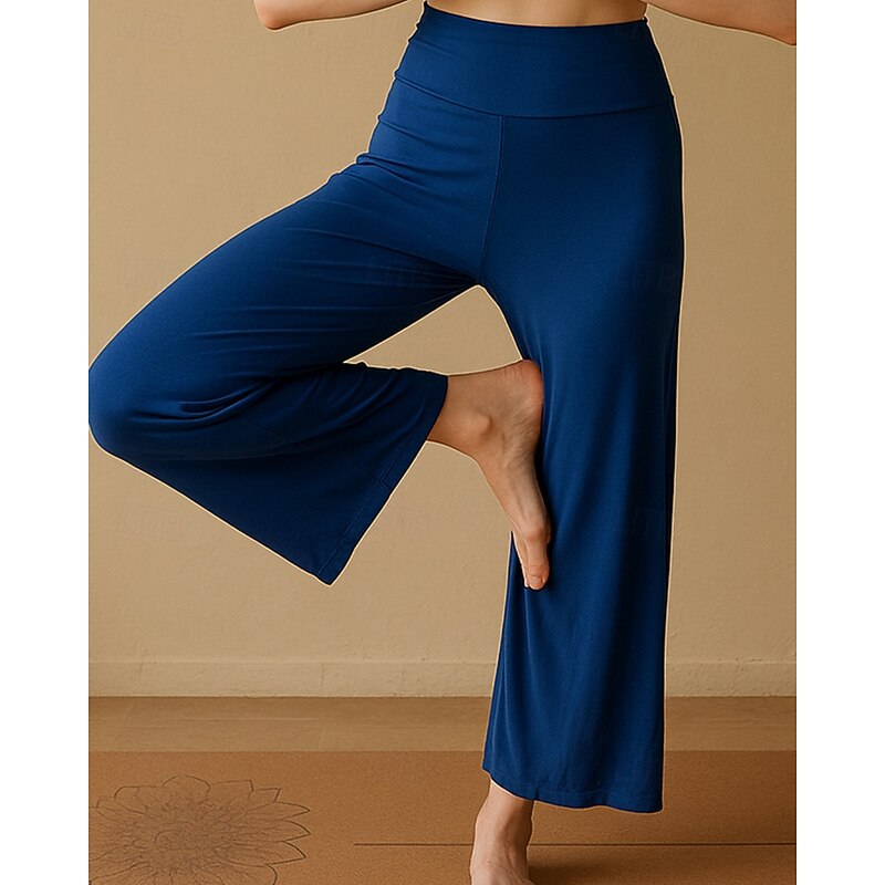 Women's Wide Leg Pants Yoga Pants Cropped Pants High Waist Pilates Fitness Yoga Pants Solid Color Apricot Black Blue Spandex Winter Sports Activewear High Elasticity