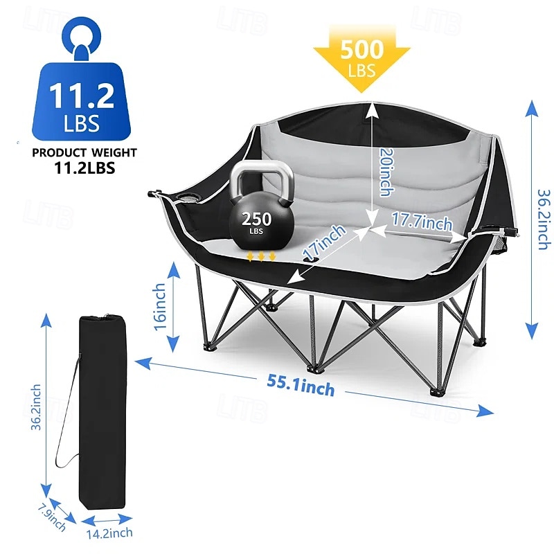 2-Person Oversized Camping Chair with 650 lb Capacity - Padded, Wine Glass Rack & Cup Holders, Lightweight Portable Foldable Design, Durable 600D Oxford Fabric & Steel Frame for Camping, Beach, Backya2